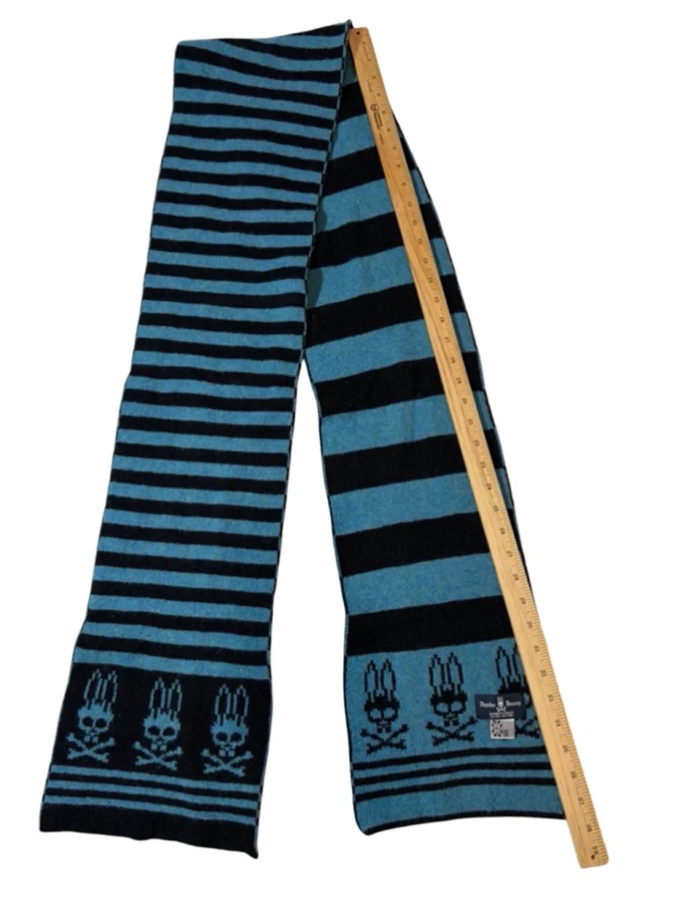 Psycho Bunny Blue Black Skull Bunny Striped Wool Scarf Made In Scotland